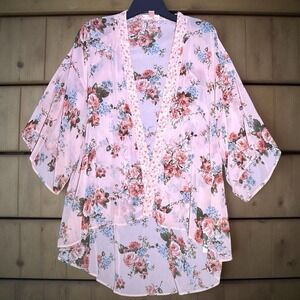BOG Collective Kimono‎ Duster Cardigan Womens XS/S Pink Floral Hi Lo Sheer Open